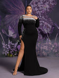 Plus Pearl Embellished Split Mermaid Hem Formal Dress Wedding Dress