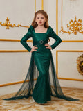 Tween Girls' Square Neck Mesh Overlay Sequin Party Dress