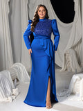 Plus Sequin & Beaded High-Neck Mermaid Gown with Puff Long Sleeves and High Slit