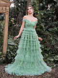 Gorgeous Applique Detail Off Shoulder Cascading Ruffle Hem Prom Dress - Elonnashop