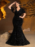 Plus V Neck Short Sleeve Backless Mermaid Dresses