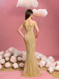Teen Girls' Elegant Off Shoulder Split Mermaid Hem Sequin Party Dress