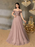 Shiny A-Line Evening Dress - Featuring Off-The-Shoulder Sweetheart Neckline, Sheer Skirt, And Fitted Sequin Bodice, Suitable For Prom, Wedding Guest Attire, Formal Dinners, And Luxury Celebrations.