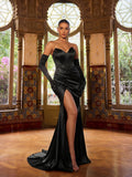 Elegant Ruched Wrap Hem Satin Tube Prom Dress(Gloves Included)