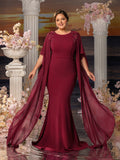 Plus Womens' Mermaid Silhouette Formal Dress with Flared Chiffon Sleeves & Floral Appliqué Detailing