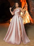 Plus Elegant Sloping Neck Split A-line Satin Formal Prom Dress