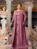 Plus Womens' Elegant Lace Mermaid Gown - Sheer Sleeves & Intricate Lace Patterns with Chiffon Overlay for Beach Weddings, Romantic Coastal Events