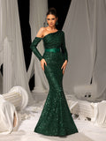 Elegant Glittering Sequin Evening Gown with Asymmetrical Sleeves – One-Shoulder Luxury Evening Wear for Red Carpet, Formal Galas & High-End Events