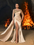 Elegant High Slit Mermaid Hem Satin Evening Dress with Sequinl Accents