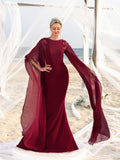 Womens' Mermaid Silhouette Formal Dress with Flared Chiffon Sleeves & Floral Appliqué Detailing