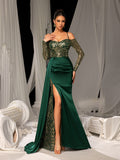 Elegant Evening Gown with Golden Sequin Access – Off-Shoulder Design & High Slit for Luxury Brand Launches or Editorial Fashion Photography, XS-L