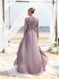Womens' Chiffon Floor-Length Evening Gown with Short Sleeves & Floral Lace – Elegant Mother of the Bride Dress with Layered Ruffle for Coastal Events, Evening Banquets & Family Gatherings