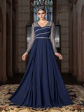Elegant Chiffon V-Neck Evening Gown with Silver Sequined Translucent Sleeves & Floor-Length Skirt