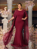 Plus Womens' Mermaid Silhouette Formal Dress with Flared Chiffon Sleeves & Floral Appliqué Detailing