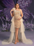 Plus Maternity One Shoulder Tulle Overlay Sequin Party Dress