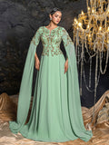Elegant Chiffon Evening Gown with V-Neckline, Beaded Sequin Embroidered Bodice, Cape Sleeves and Flowy Floor-Length Skirt