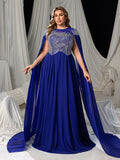 Plus Elegant Chiffon Evening Gown with Beaded Sequin Embellished Bodice, Cape-Style Sleeves & Flowy Floor-Length Skirt, Back Beaded Detail