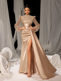Elegant Satin Evening Gown with High Slit & Crystal-Embellished Sleeves – Luxurious Backdrop for High-End Wedding Receptions or Charity Galas, XS-XL