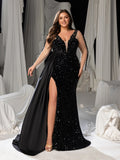 Plus Size Sequin Mermaid Evening Gown: Deep V-neck Front, Sheer sleeves & Thigh Slit