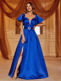 Elegant Ruffle Sleeve Split Thigh Buckle Belted Satin Dresses - Elonnashop