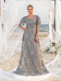 Womens' Elegant V-Neck Evening Gown with Delicate Lace & Silver Embroidery – Long Flowing Skirt for Seaside Weddings & Romantic Beach Events