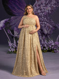 Plus Maternity One Shoulder Split Thigh Sequin Party Dress