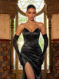 Elegant Ruched Wrap Hem Satin Tube Prom Dress(Gloves Included)