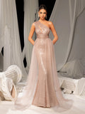 Elegant One Shoulder Sleeveless Mesh Overlay Sequin Formal Prom Dress Evening Dress