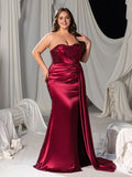 Plus Strapless Mermaid Hem Satin Evening Dress with Sequin Accents