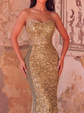 Chic Rhinestone Detail Mermaid Hem Sequin Tube Dress