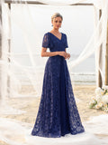 Womens' Elegant Lace Floor-Length Gown with V-Neck & Ruffle Sleeves – Elegant Floral Accents, Deep V-Back Design for Beach Weddings & Formal Evening Events