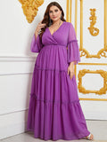 Plus Surplice Neck Bell Sleeves Swiss Dot Chiffon Dress - Elonnashop