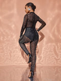 Chic Rhinestone Detail Mock Neck Long Sleeves Jumpsuit - Elonnashop