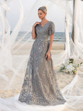 Womens' Elegant V-Neck Evening Gown with Delicate Lace & Silver Embroidery – Long Flowing Skirt for Seaside Weddings & Romantic Beach Events