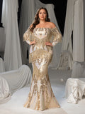 Plus Gorgeous Fringed Trim Off Shoulder Mermaid Hem Sequin Formal Dress Evening Gown