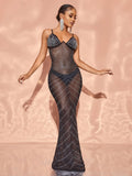 Chic Rhinestone Detail Sheer Mesh Cami Dress - Elonnashop