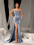 Elegant Evening Gown with Thigh-High Slit & Intricate Embroidery Access – Satin Bodycon Dress for Red Carpet, Gala Dinners & Luxury Weddings, XS-XL