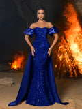 Off Shoulder Puff Sleeves Satin Sequin Mermaid Dress