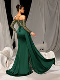Elegant Evening Gown with Golden Sequin Access – Off-Shoulder Design & High Slit for Luxury Brand Launches or Editorial Fashion Photography, XS-L