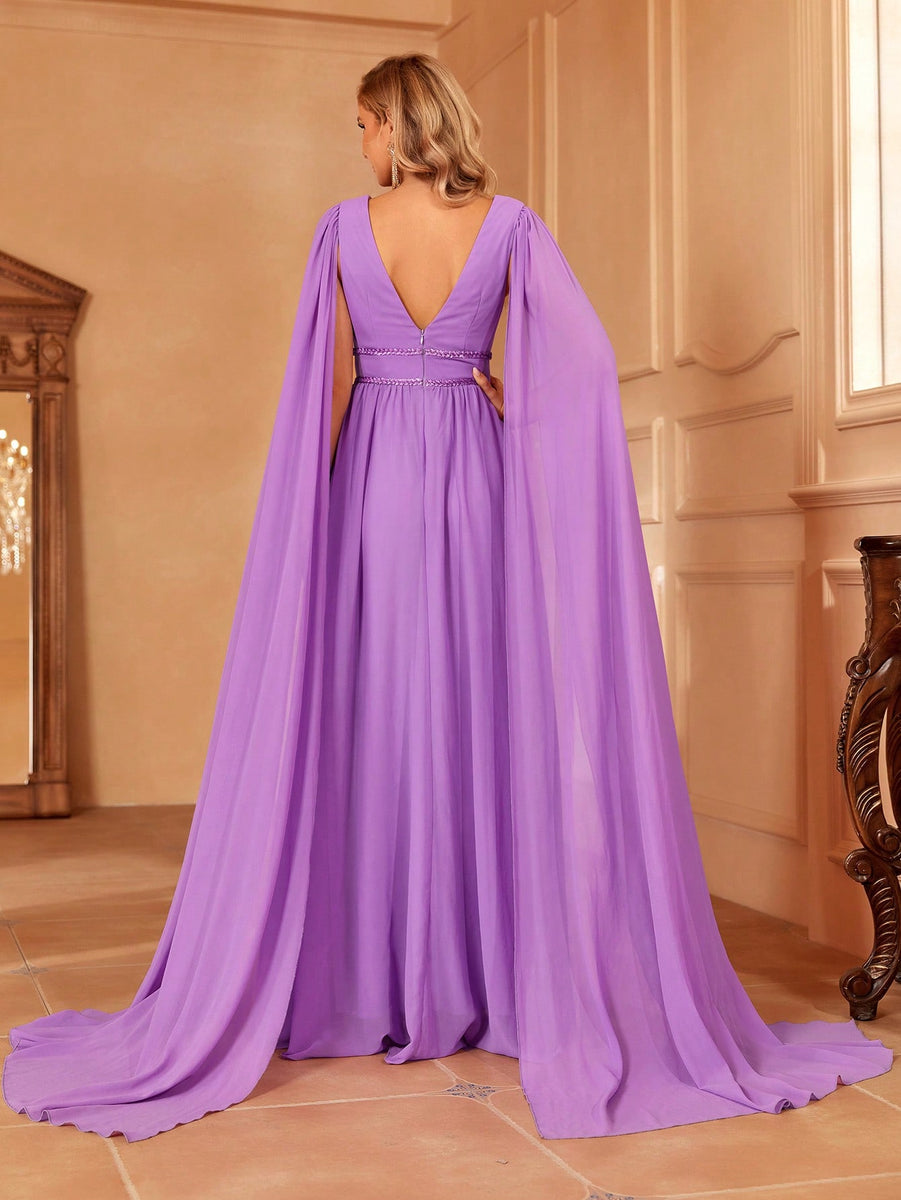 Plunging Neck Cloak Sleeve Chiffon A Line Dress Faeriesty