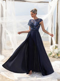 Womens' Elegant Beaded & Sequined Satin Jumpsuit with V-Neckline, Low Back & Flowing Skirt – Glamorous Evening Wear