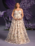 Plus Maternity Strapless Ruffle Trim Floral Mesh Party Dress