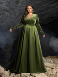 Plus V Neck Long Sleeve Belted Satin A Line Dress