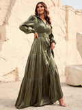 Elegant Bishop Sleeves Ruffle Hem Belted Dress
