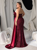 Plus Strapless Mermaid Hem Satin Evening Dress with Sequin Accents