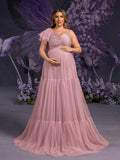 Plus Maternity Ruched Bust Layered Hem Mesh Ruffle Cami Dress