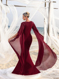 Womens' Mermaid Silhouette Formal Dress with Flared Chiffon Sleeves & Floral Appliqué Detailing