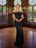 Off Shoulder Ruched Wrap Hem Sequin Dress