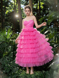 Midi Elegant Strapless Tulle Gown with Ruffled Layers – Voluminous Dress for Tropical Events, Garden Parties & Summer Galas