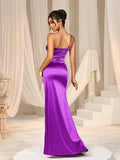 One Shoulder Split Thigh Satin Party Dresses - Elonnashop